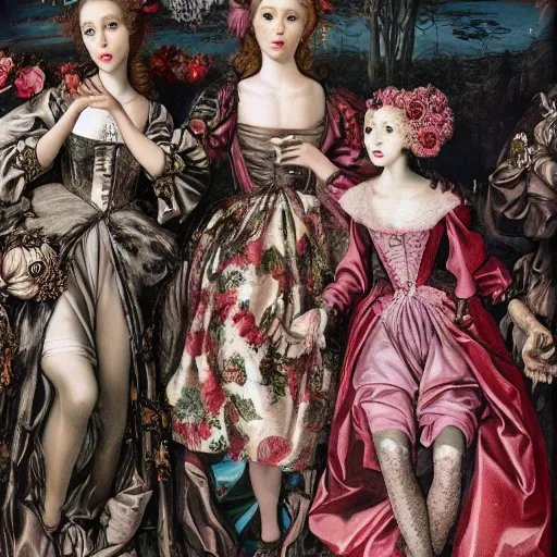 Prompt: 8k, realism, renaissance, baroque, group of creepy young ladies wearing renaissance long harajuku manga dress with flowers and skulls, background chaotic flowers