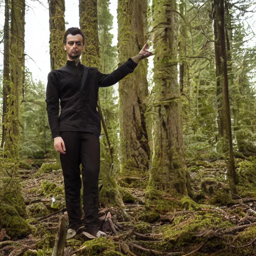 Image similar to male human and crow hybrid, photograph captured in a forest