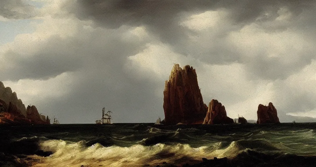 Image similar to an 1 8 th century! landscape painting of ship rock!!! moody! impressive! majestic, by carlos de haes!!!