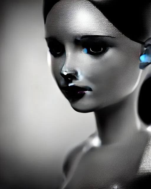 Image similar to black and white dreamy young beautiful female artificial intelligence, cinematic, rim light, bokeh, photo - realistic, elegant, high detail, 8 k, masterpiece, styled by iris van herpin, photo taken in 1 9 3 0