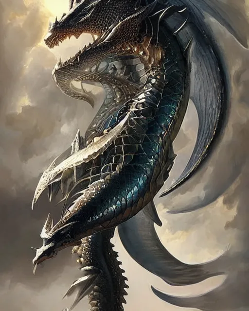 Image similar to game character beautiful sea dragon half fish half dragon, armored skin, scales, incredible detail by Ruan Jia and Gil Elvgren, fullbody