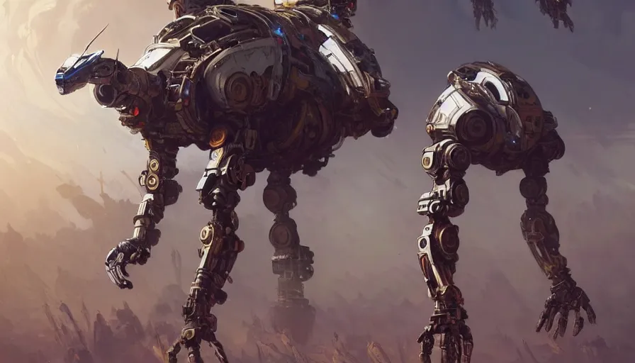 Image similar to a warrior robot astronaut, floral! looks like a machine from horizon zero dawn designed by apple, posing for a fight intricate, elegant, highly detailed, digital painting, establishing shot, an epic fantasy, artstation, concept art, smooth, sharp focus, illustration, art by artgerm and greg rutkowski and alphonse mucha, 8 k