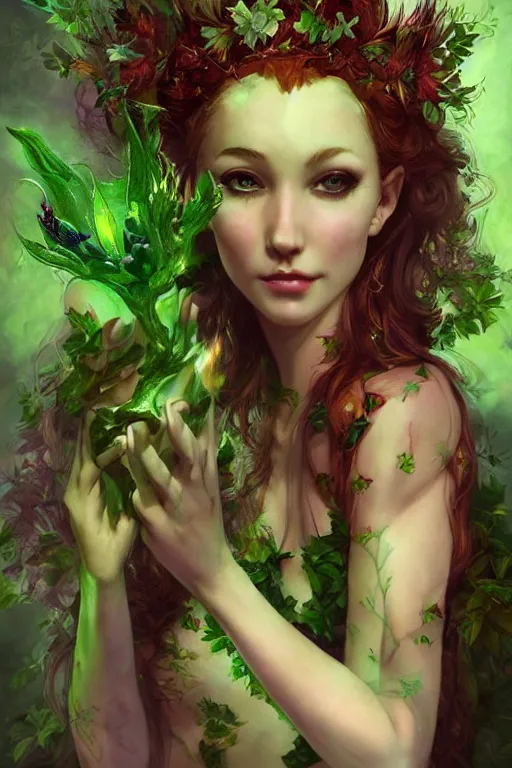 Prompt: portrait of beautiful young gillmore girls as titania, summer queen. faerie queen. queen of light, green, poison ivy, made by caravaggio stanley artgerm lau wlop rossdraws artstation cgsociety concept art cgsociety octane render
