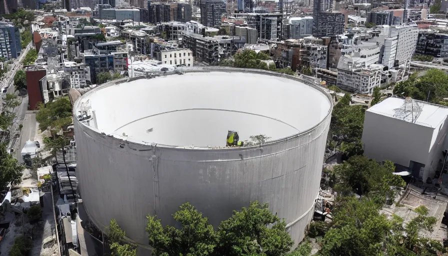 Prompt: the internal structure of modern american apartments is four stories high and there is a huge water storage tank on the roof
