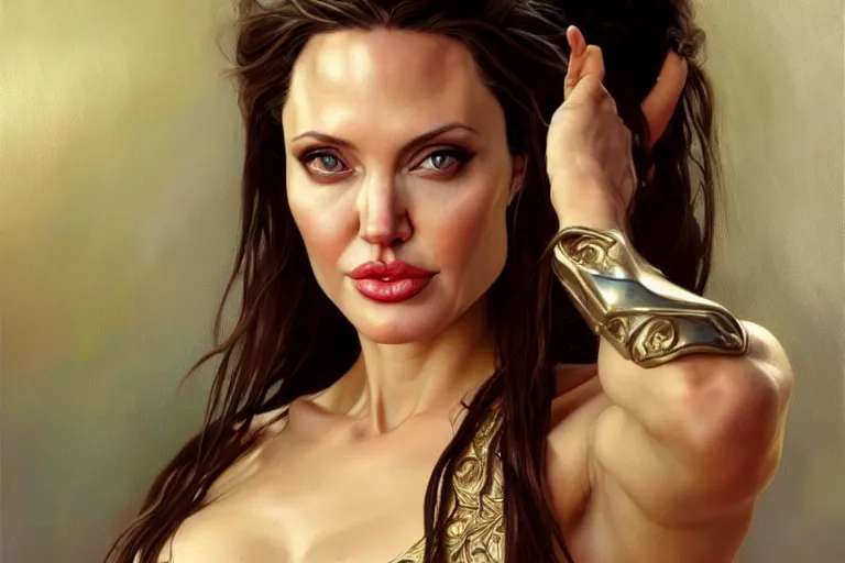 Prompt: a beautiful realistic painting of angelina jolie as xena, intricate, elegant, highly detailed, digital painting, artstation, concept art, by krenz cushart and artgem demura and alphonse mucha