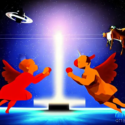 Image similar to angel and demon arm wrestling in space while a cow flies in the background, realistic, digital art,