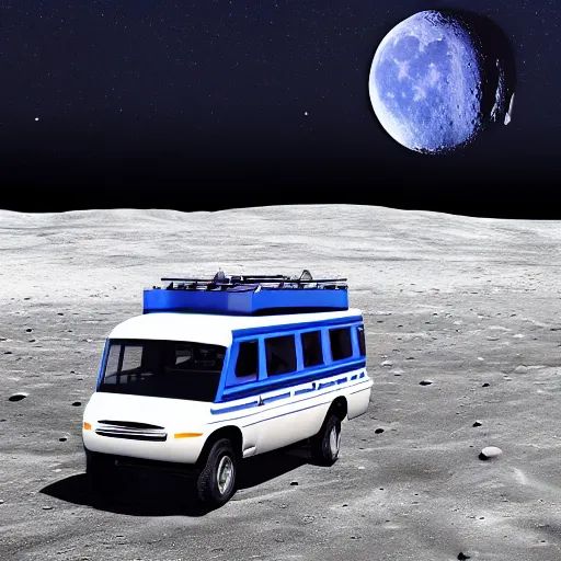 Image similar to a dark blue mototaxi traveling on the surface of the moon, moon craters, night sky, milky way, hard lighting, matte painting, concept art, 4k