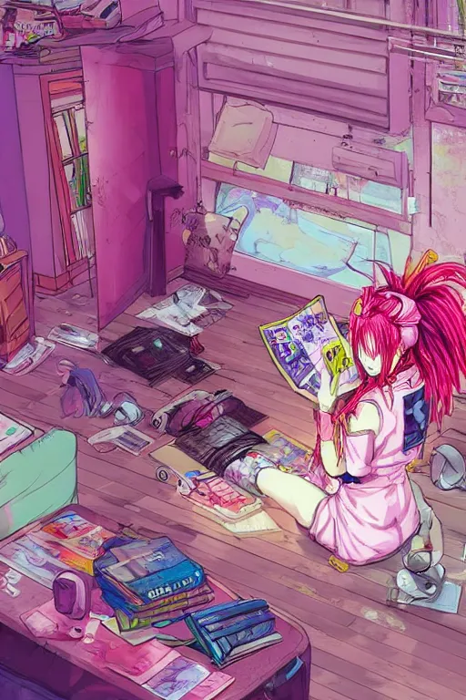 Prompt: concept art painting of a chibi anime cybergoth girl with pink dreads on the floor reading a book in a cluttered 9 0 s bedroom, artgerm, moebius, inio asano, toon shading, cel shading, calm, tranquil, vaporwave colors,