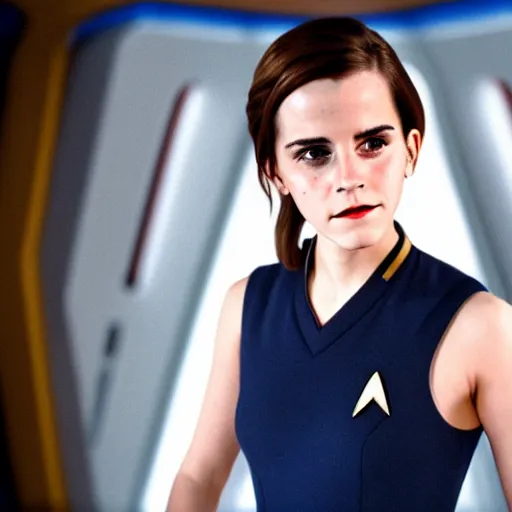 Image similar to Emma Watson in Star Trek, XF IQ4, f/1.4, ISO 200, 1/160s, 8K, Sense of Depth, color and contrast corrected, enhanced, Dolby Vision, symmetrical balance, in-frame