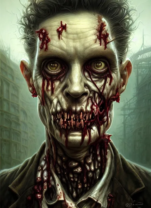 Image similar to closeup portrait shot of a zombie doctor in a scenic dystopian environment, intricate, elegant, highly detailed, centered, digital painting, artstation, concept art, smooth, sharp focus, illustration, artgerm, tomasz alen kopera, peter mohrbacher, donato giancola, joseph christian leyendecker, wlop, boris vallejo