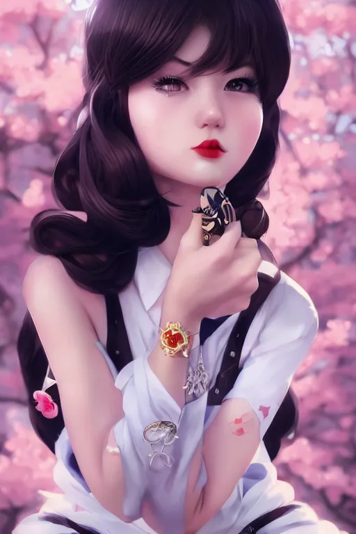 Image similar to a pin up and beautiful fashion charming dreamlke japan girl with lv jewelry, character art, art by artgerm lau and wlop and and ilya kuvshinov and john singer sargent, hyperdetailed, 8 k realistic, symmetrical, frostbite 3 engine, cryengine, dof, trending on artstation, digital art