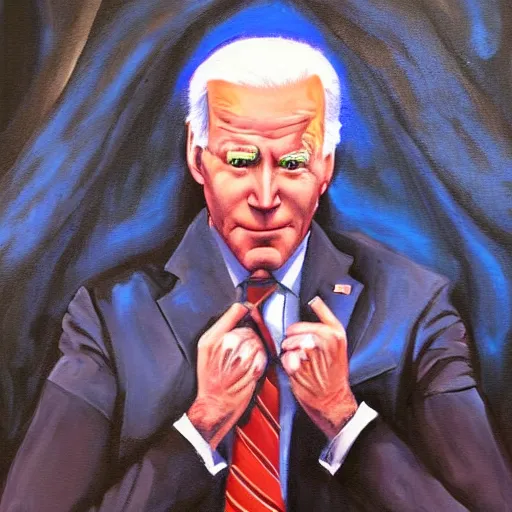 Prompt: evil joe biden on a dark throne, traditional painting