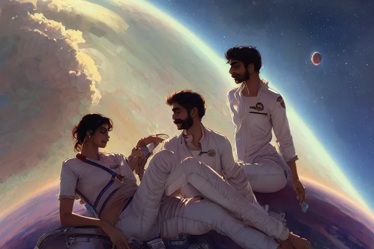 Image similar to Sensuous good looking pale young Indian doctors wearing jeans in a space station above Earth, portrait, elegant, intricate, digital painting, artstation, concept art, smooth, sharp focus, illustration, art by artgerm and greg rutkowski and alphonse mucha