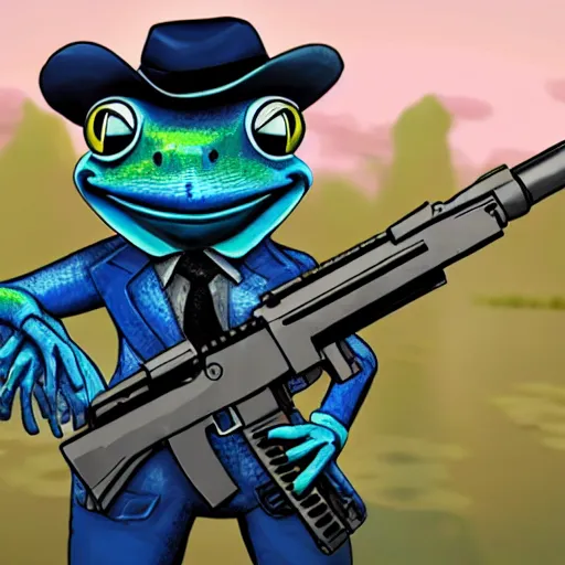 Prompt: cinematic shot of an anthropomorphic frog wearing a blue suit holding a black ak-47 in a swamp, highly intricate, highly detailed, epic,