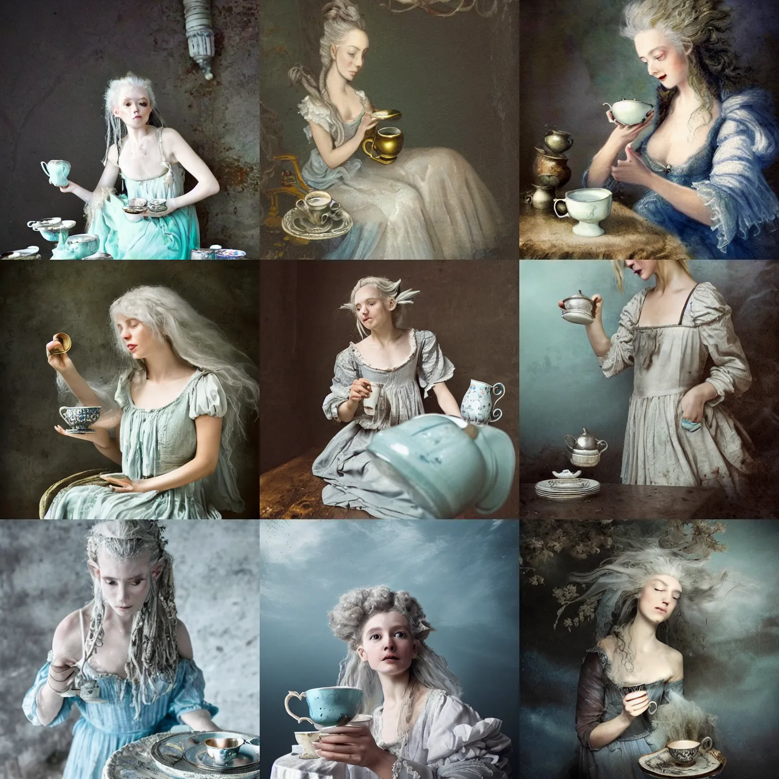 Prompt: A 18th century, messy, silver haired, (((mad))) elf princess, dressed in a ((ragged)), wedding dress, is ((drinking a cup of tea)), in her right side is a porcelain tea set. Everything is underwater and floating. Mystical, dreamlike, atmospheric, scarry, greenish blue tones, theatrical, (((underwater lights))), high contrasts. fantasy concept art by Henry Meynell Rheam, Monet, and John Everett Millais