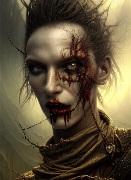 Prompt: closeup portrait shot of a vampire warrior in a scenic dystopian environment, intricate, elegant, highly detailed, centered, digital painting, artstation, concept art, smooth, sharp focus, illustration, artgerm, tomasz alen kopera, peter mohrbacher, donato giancola, joseph christian leyendecker, wlop, boris vallejo