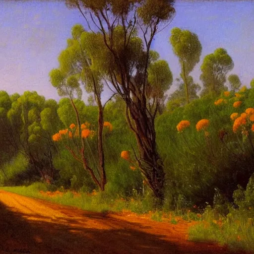 Image similar to a painting of a dirt road surrounded by eucalyptus trees and california golden poppies, violet woodland hill in the distance, violet sunset. an oil painting by Julian Onderdonk, green orange violet triadic color palette, featured on deviantart, australian tonalism, pre-raphaelite, impressionism, detailed painting