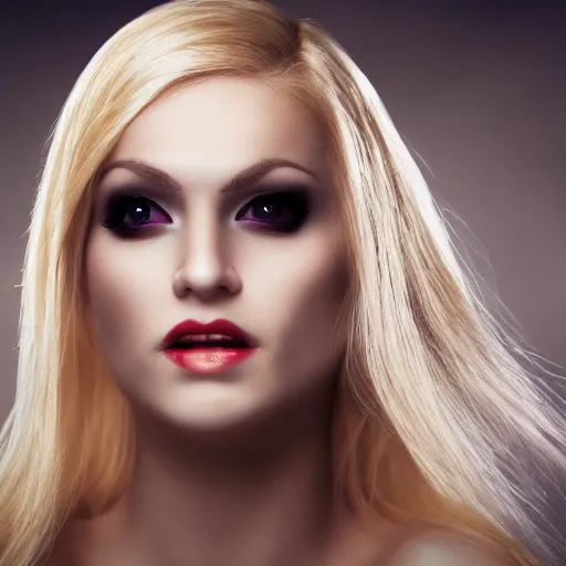 Image similar to A blonde female vampire poses for the camera, portrait, intricate, epic lighting, cinematic composition, 4k resolution, stylized