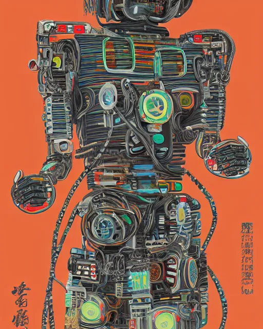 Image similar to Kuniyoshi portrait of a robot saint made of cables and robotic pod by james gilleard