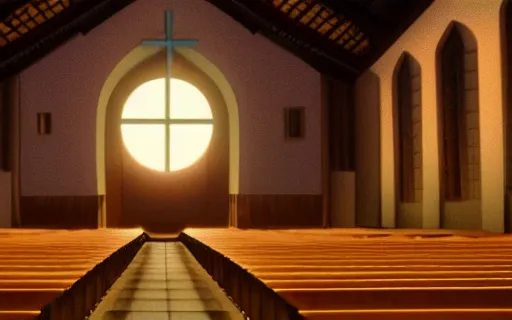 Image similar to the inside of an empty church, sunrise, dramatic lighting, art by hayao miyazaki, studio ghibli film, hi res, 4k, high detail