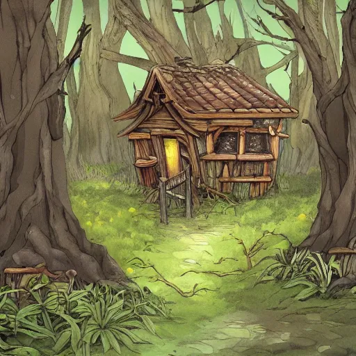 Image similar to deep into the witchwood forest swamp, studio ghibli, crows, decay, hut,