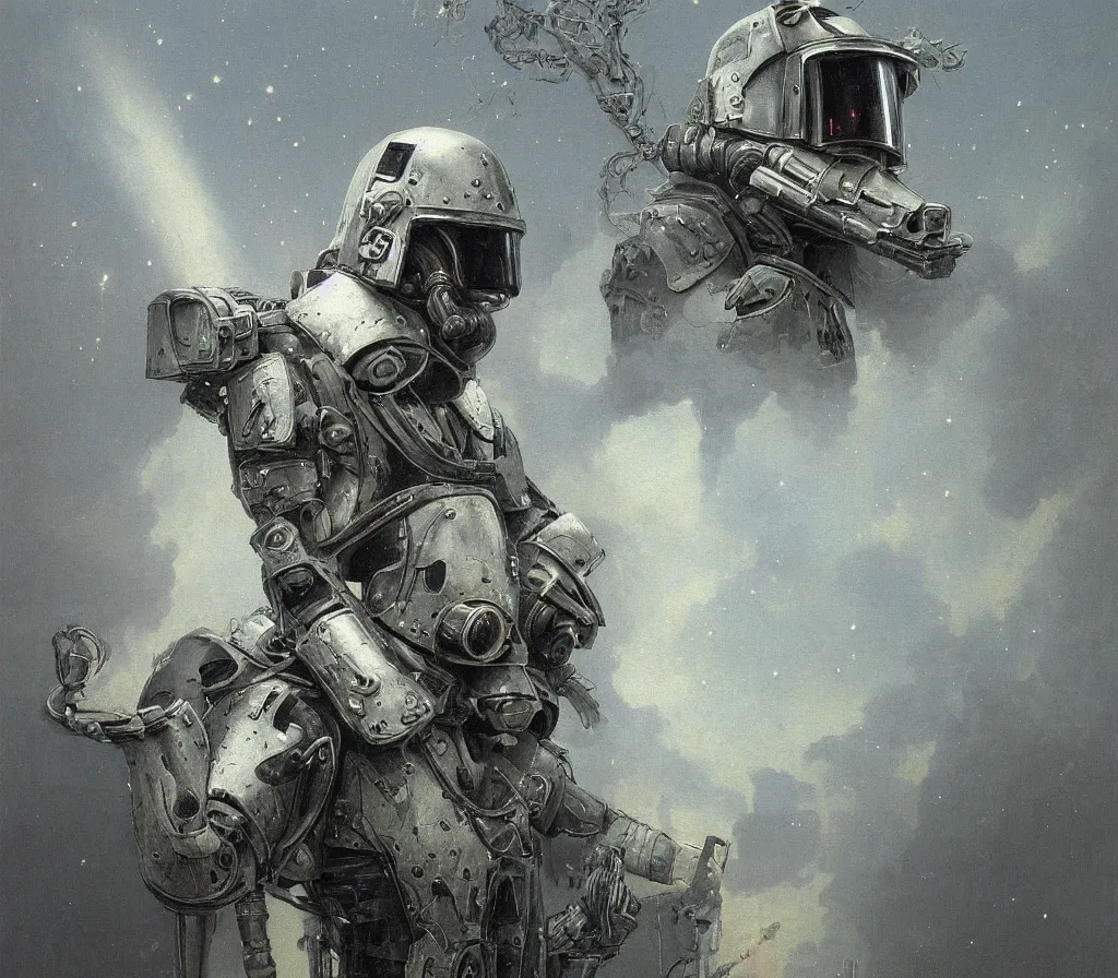 Image similar to a detailed portrait painting of a bounty hunter in combat armour and visor. Smoke. cinematic sci-fi poster. Cloth and metal. Flight suit, accurate anatomy portrait symmetrical, plague doctor. science fiction theme with lightning, aurora lighting clouds and stars. Futurism by beksinski carl spitzweg moebius and tuomas korpi. baroque elements. baroque element. intricate artwork by caravaggio. Oil painting. Trending on artstation. 8k