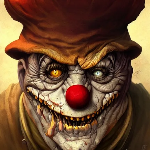 Image similar to digital painting of a wrinkled old scary clown by filipe pagliuso and justin gerard, fantasy, highly, detailed, realistic, intricate