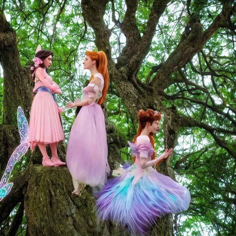 Prompt: a fairy and a disney princess having a conversation on top of a tall tree, aesthetic, pastel style, pastel coloring, beautiful angle