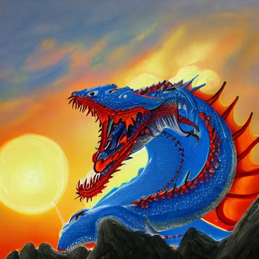 Image similar to a very detailed painting of a crimson dragon spitting out hot blue flames out of it's mouth while on top a mountain under the beautiful setting sun