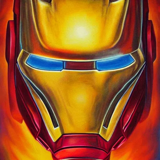 Prompt: iron man in the style of esao andrews, oil painting, pop surrealism, cartoon-tainted abstract surrealism,