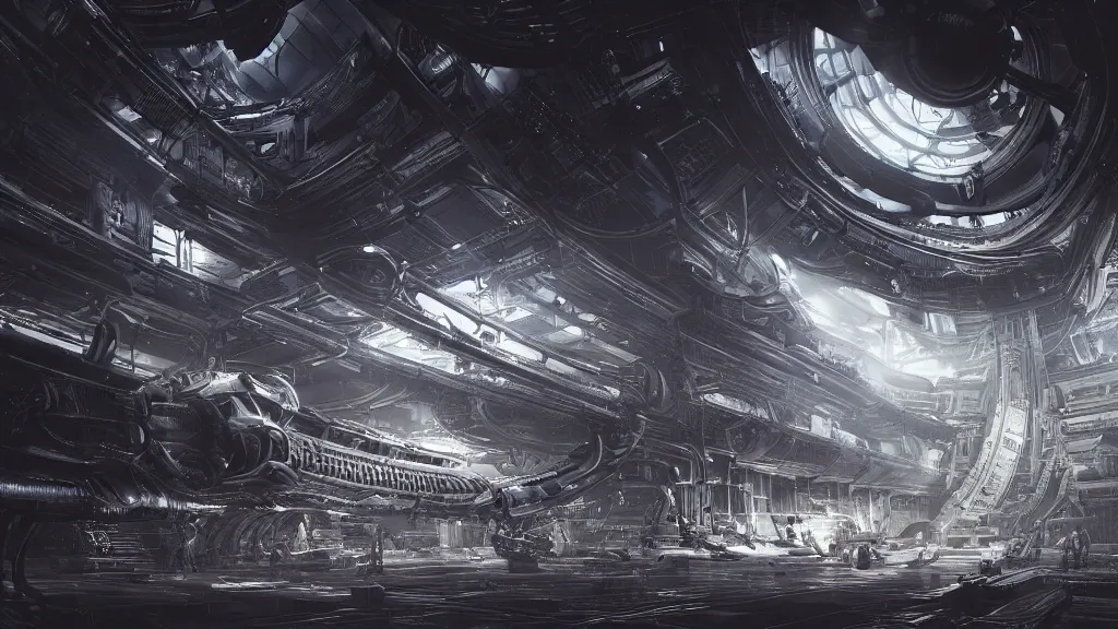 Image similar to a Photorealistic dramatic hyperrealistic,hyper detailed render of an Epic Sci-Fi, Gigantic Alien xenomorph spaceship inside huge interior hangar,intricate bio mechanical surface details in a top secret research facility,many tubes and cables hanging from the ceiling by Greg Rutkowski,Nicolas Bouvier,Sparth,ILM,Beautiful dynamic dramatic very dark moody contrast warm and cold lighting,Volumetric,Cinematic Atmosphere,Octane Render,Artstation,8k