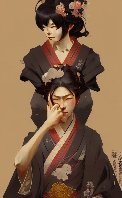 Prompt: a personification of Japan, highly detailed, digital painting, artstation, concept art, sharp focus, illustration, art by greg rutkowski and alphonse mucha