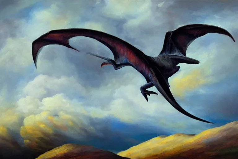 Prompt: oil painting of a giant pterodactyl flying through the clouds, multi chromatic, single area of attention, still life, soft outlines, elegant and refined painting, fully rendered light to shadow