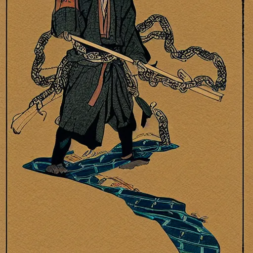 Image similar to by hokusai, samurai man vagabond, the samurai is wrapped in chains, detailed, editorial illustration, matte print, concept art, ink style, sketch, digital 2 d