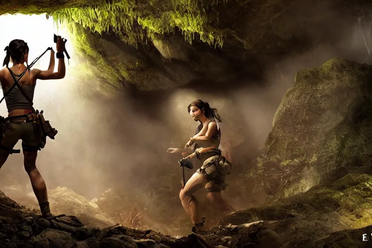 Image similar to Cinematography of Lara Croft discovering in a cave in the amazon jungle by Emmanuek Lubensky