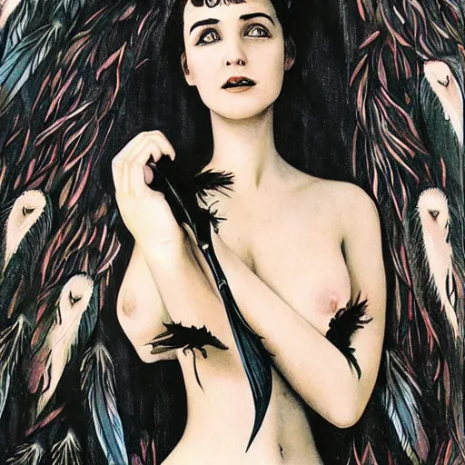 Image similar to young innocent jennifer connelly as innocent gothic beauty with black feathers instead of hair, eyes closed, sad, feathers growing out of skin, in feminine bedroom full of collectible dolls, romantic, comic book cover, vivid, beautiful, illustration, highly detailed, rough paper, dark, oil painting