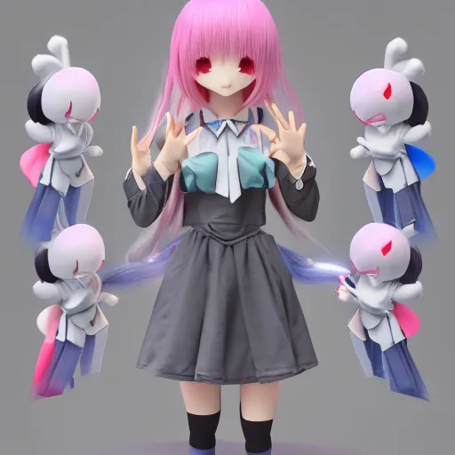 Image similar to cute fumo plush of a girl who controls the spirits, ghost swarm, particle sim, blue and pink lens flare, anime girl, vray