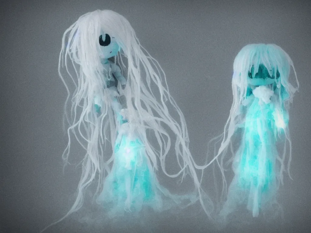 Image similar to cute fumo plush smiling ectoplasmic jellyfish ghost girl lingering in deep fog over mysterious waters, patchwork doll chibi gothic maiden in tattered melting rags, glowing wisps of hazy green smoke and eerie blue volumetric fog swirling about, moonlight, glowing lens flare, black and white, vray