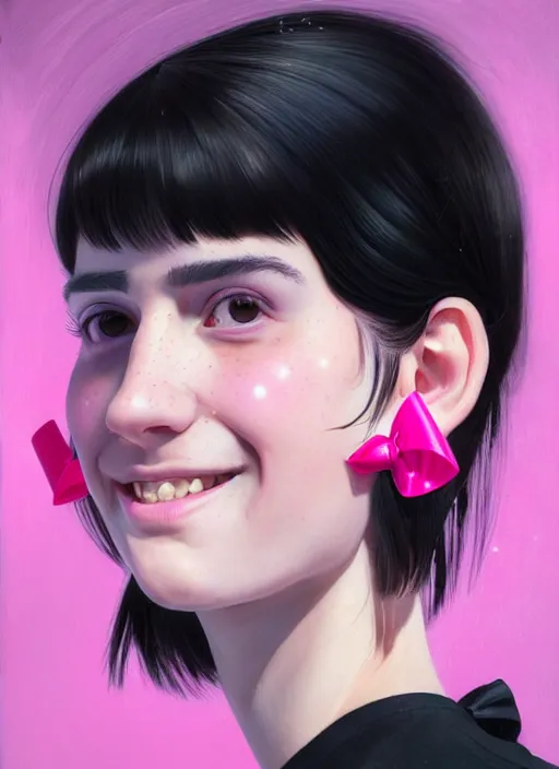 Image similar to portrait of high school girl, realistic, black hair, bangs, half updo hairstyle, pointy nose, skinny, smile, ugly, defined jawline, big chin, pink hair bow, earrings, intricate, elegant, glowing lights, highly detailed, digital painting, artstation, sharp focus, illustration, art by wlop, mars ravelo and greg rutkowski