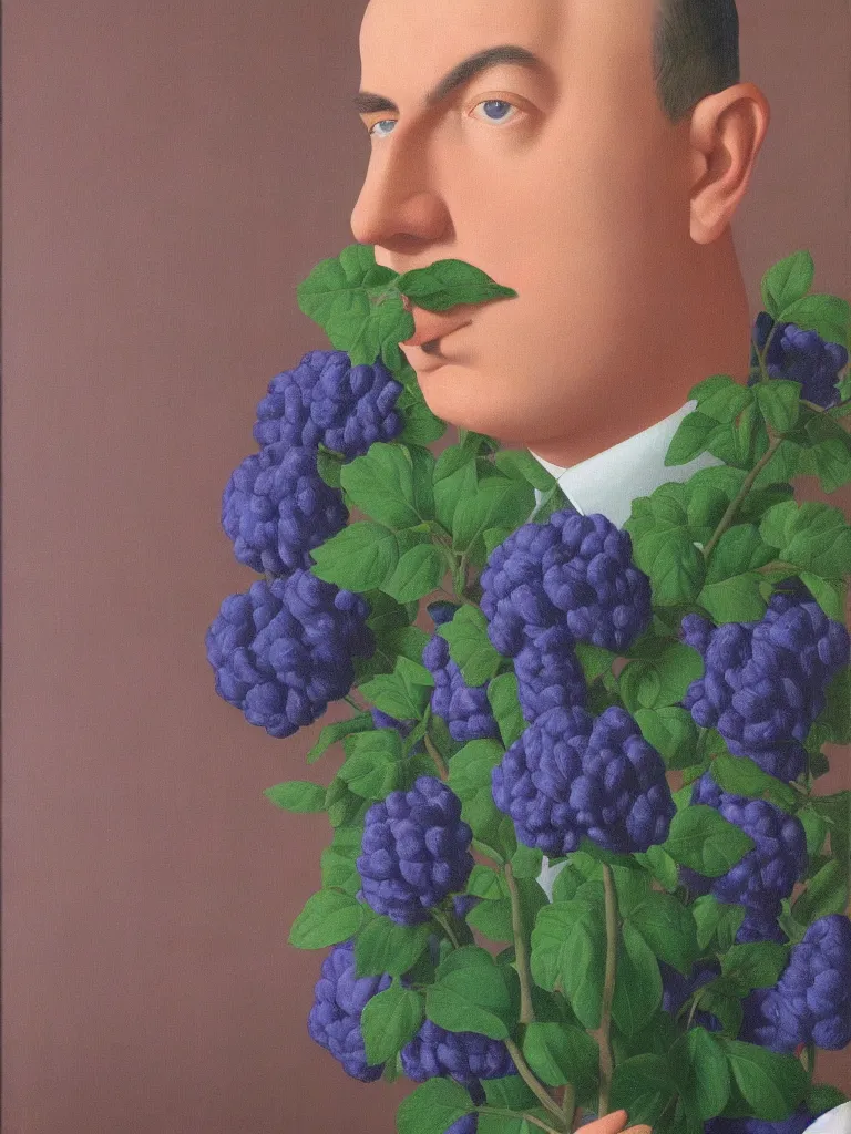 Prompt: portrait of a flower man by rene magritte, detailed painting, hd, hq, high resolution, high detail, 4 k, 8 k