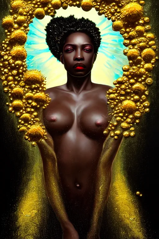 Image similar to hyper realistic neo - rococo cinematic very expressive! black oshun goddess, open eyes, body in water, mirror dripping droplet!, gold flowers, highly detailed face, digital art masterpiece, smooth eric zener cam de leon dramatic pearlescent teal light, ground angle uhd 8 k, sharp focus