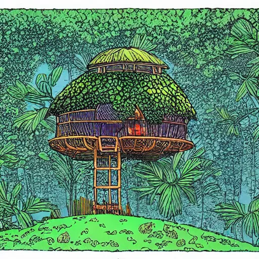 Image similar to a treehouse in a lush jungle during a thunderstorm in the night, drawing by moebius