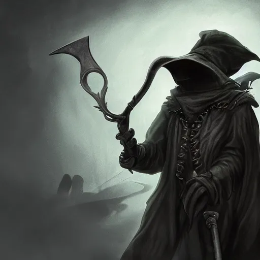 Image similar to plague doctor holding a huge scythe, plague doctor mask, monster design, fantasy. illustration, hyperdetailed, artstation, cgsociety, 8 k