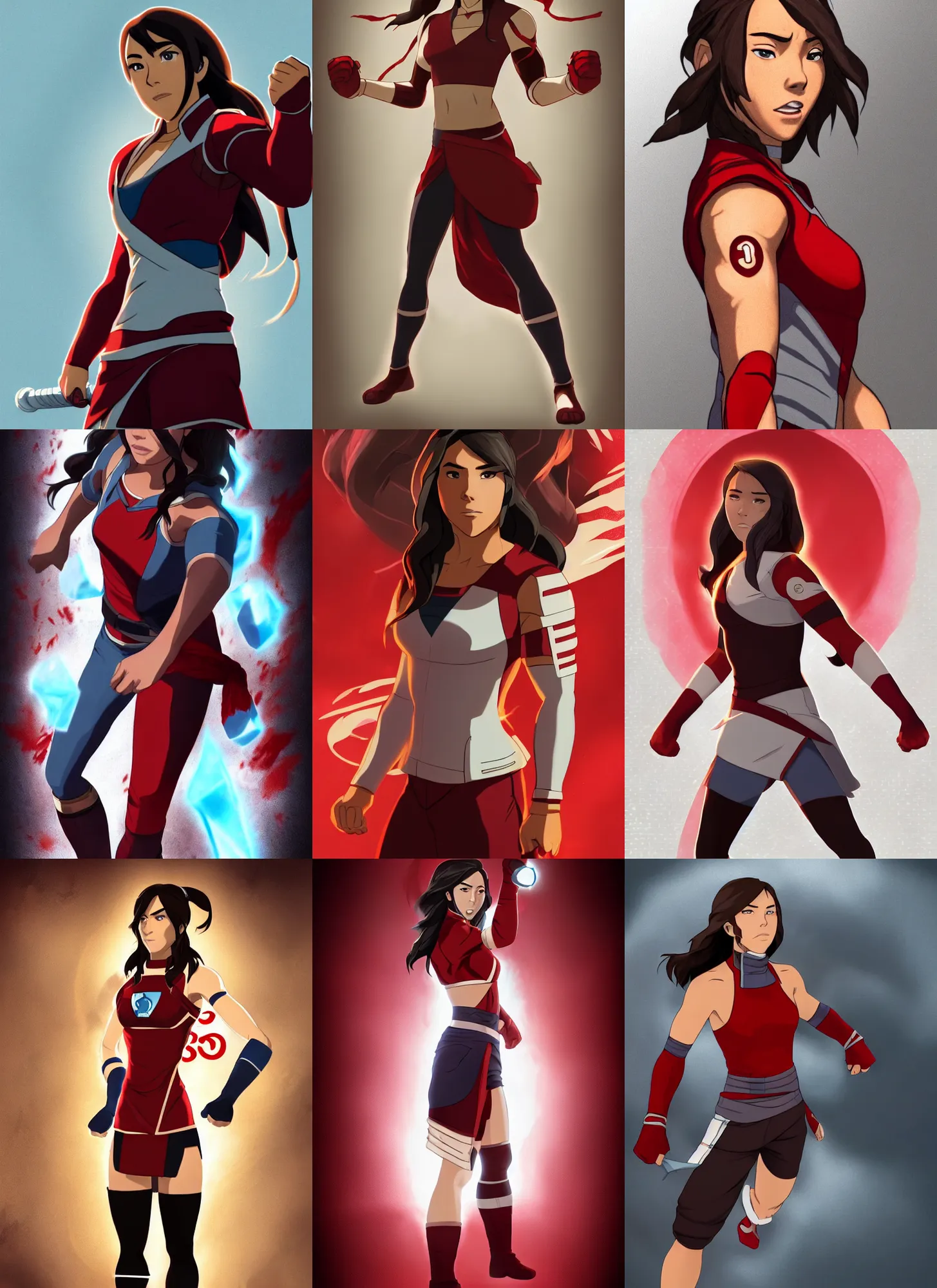 Prompt: a portrait of chloe bennet as live action korra, muscular, wearing red attire, white bandage tape on fists, medium length black hair, red phoenix tattoo on back, serious, dramatic light, high detail, cinematic lighting, artstation, dungeons and dragons