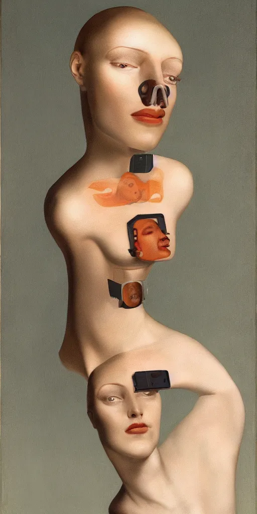 Image similar to a super intelligent computer being born out of the top of the head of a beautiful androgynous cyborg by john currin