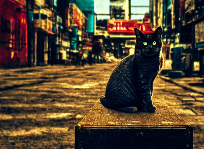 Image similar to photography of a Cat sitting on a box. in a cyberpunk street, award winning photo, saturated, colored, colors, 100mm, sharp, high res