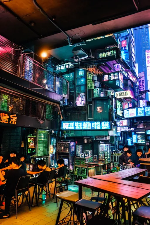 Prompt: full view, from a distance, of cyberpunk cafe in taipei, highly detailed