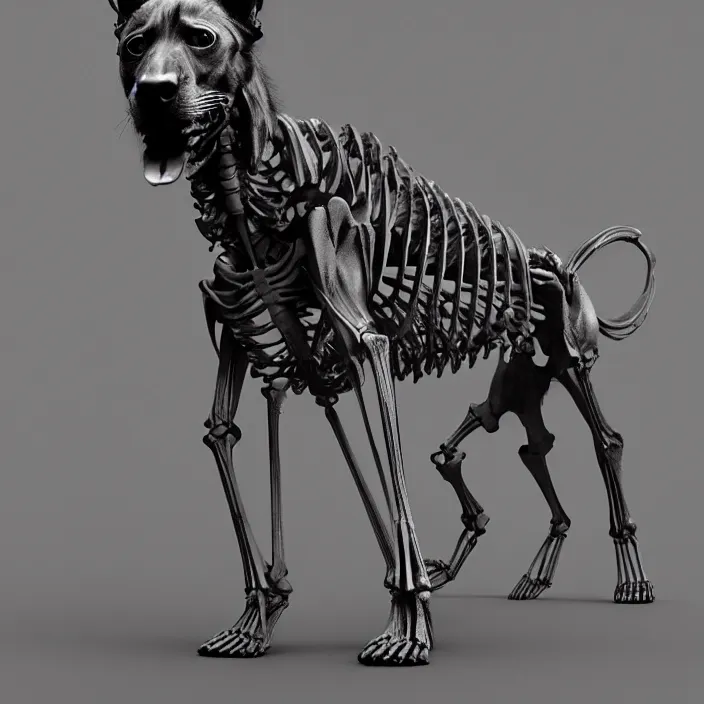 Image similar to belgian malinois, skeleton. intricate artwork. by Tooth Wu, wlop, beeple, dan mumford. octane render, trending on artstation, greg rutkowski, very coherent symmetrical artwork. cinematic, hyper realism, high detail, octane render, 8k, iridescent accents, deep blacks