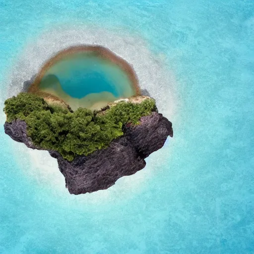 Prompt: a giant monster sitting on a small island in the ocean, aerial view, realistic lighting