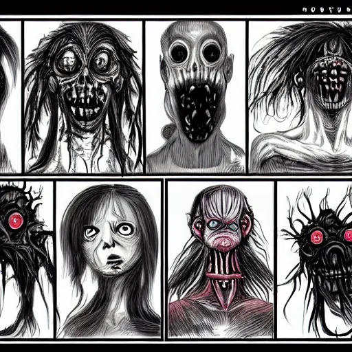 Image similar to Horror creature concept art in the style of Junji Ito